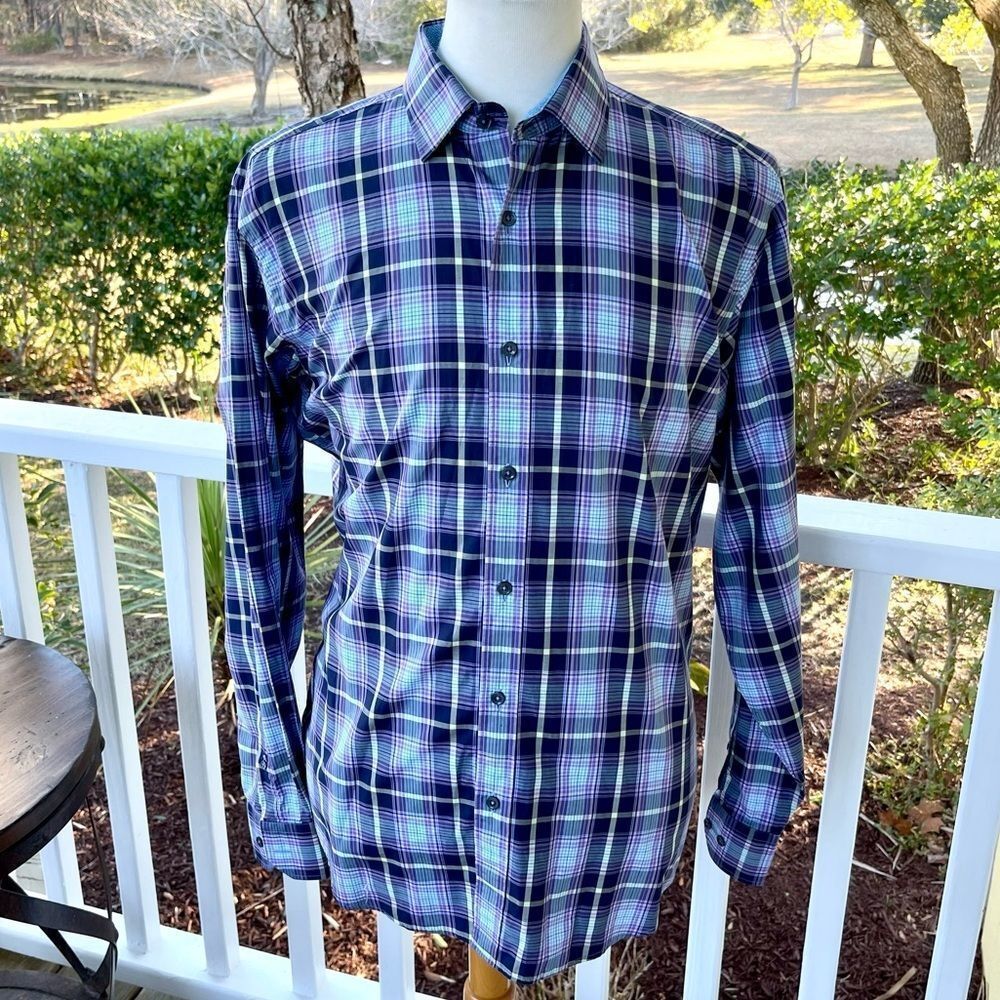 Bugatchi Plaid Long Sleeve Shirt. Size Large.